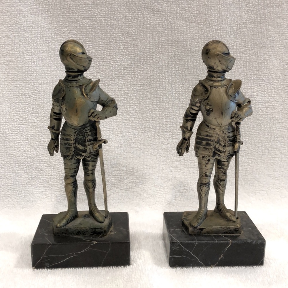 Vintage Genuine Italian Carrara Marble Medieval Knight Statues Depose Italy 1973